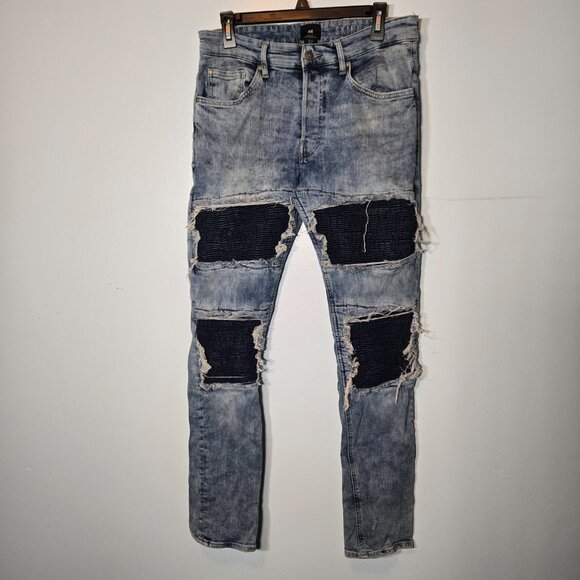 H&M Biker Jeans Woman's Blue Denim Light Washed Distressed Skinny Fit 33 - Picture 8 of 8